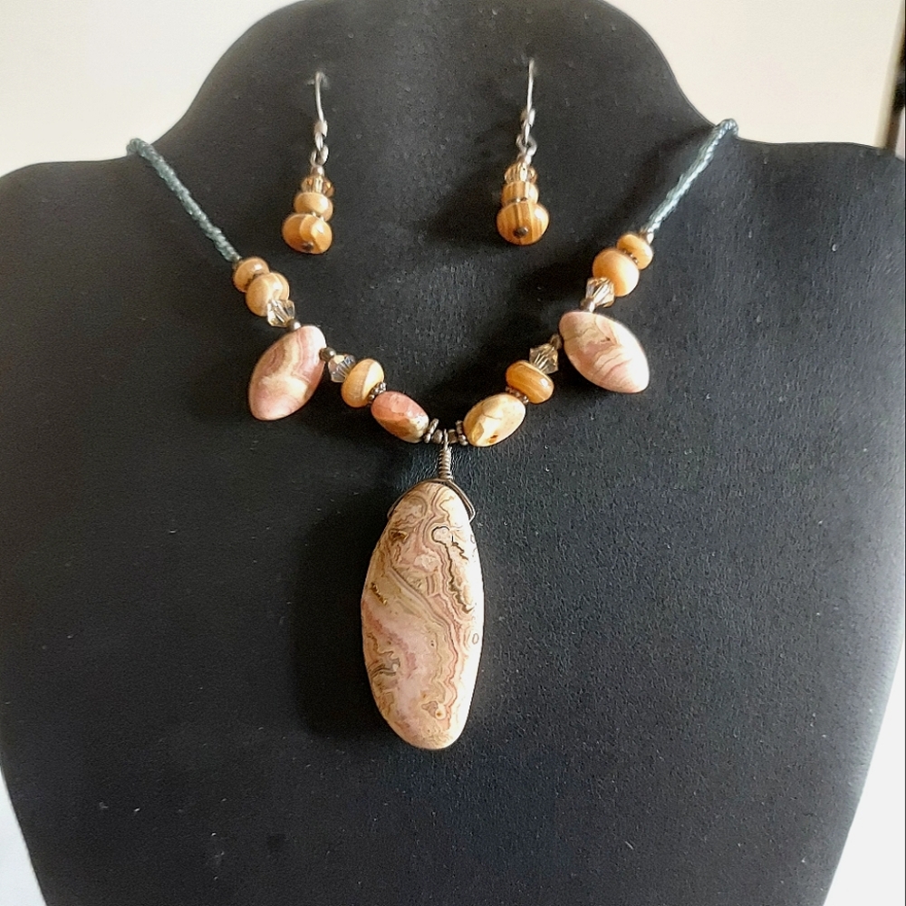 Artisan Pink Rhodochrosite stone Glass Sea Beads 925 Necklace&Earrings#Rare